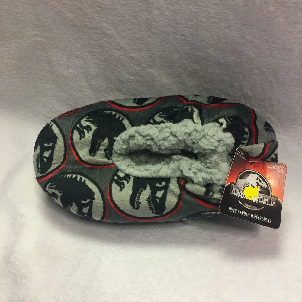 Jurassic World Slipper Socks Kids M/L 13/1 Grey New Fuzzy Babba Dinosaur Sherpa‎